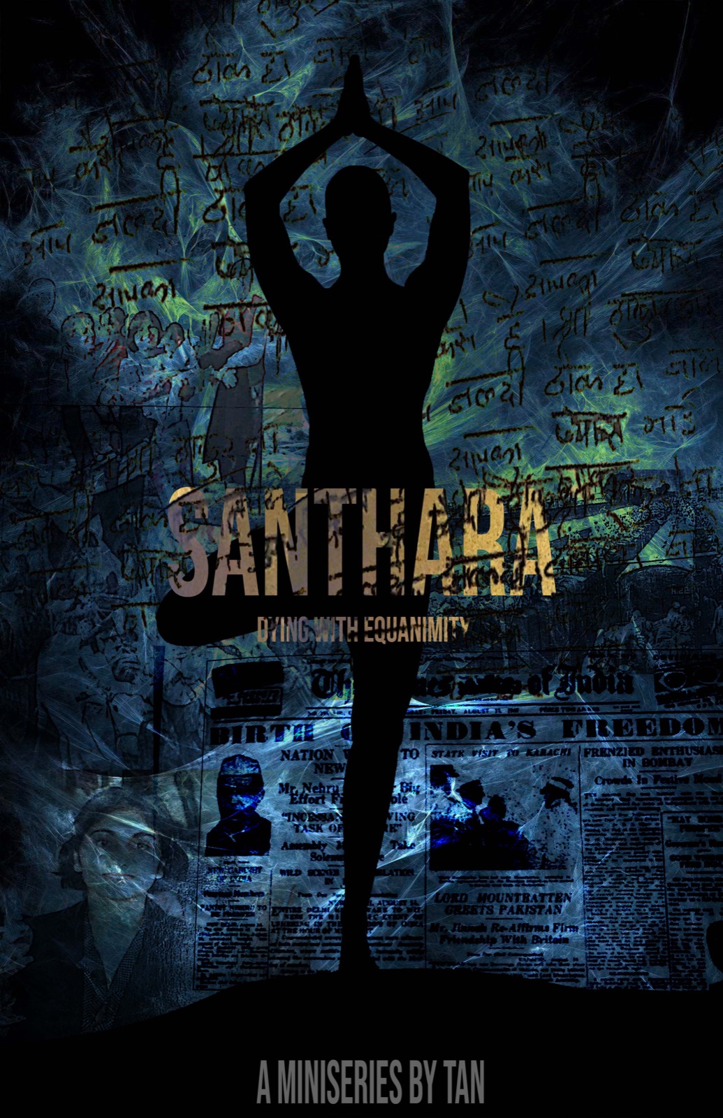 SANTHARA key art — a figure in tree pose against the smoke of Partition-era headlines.