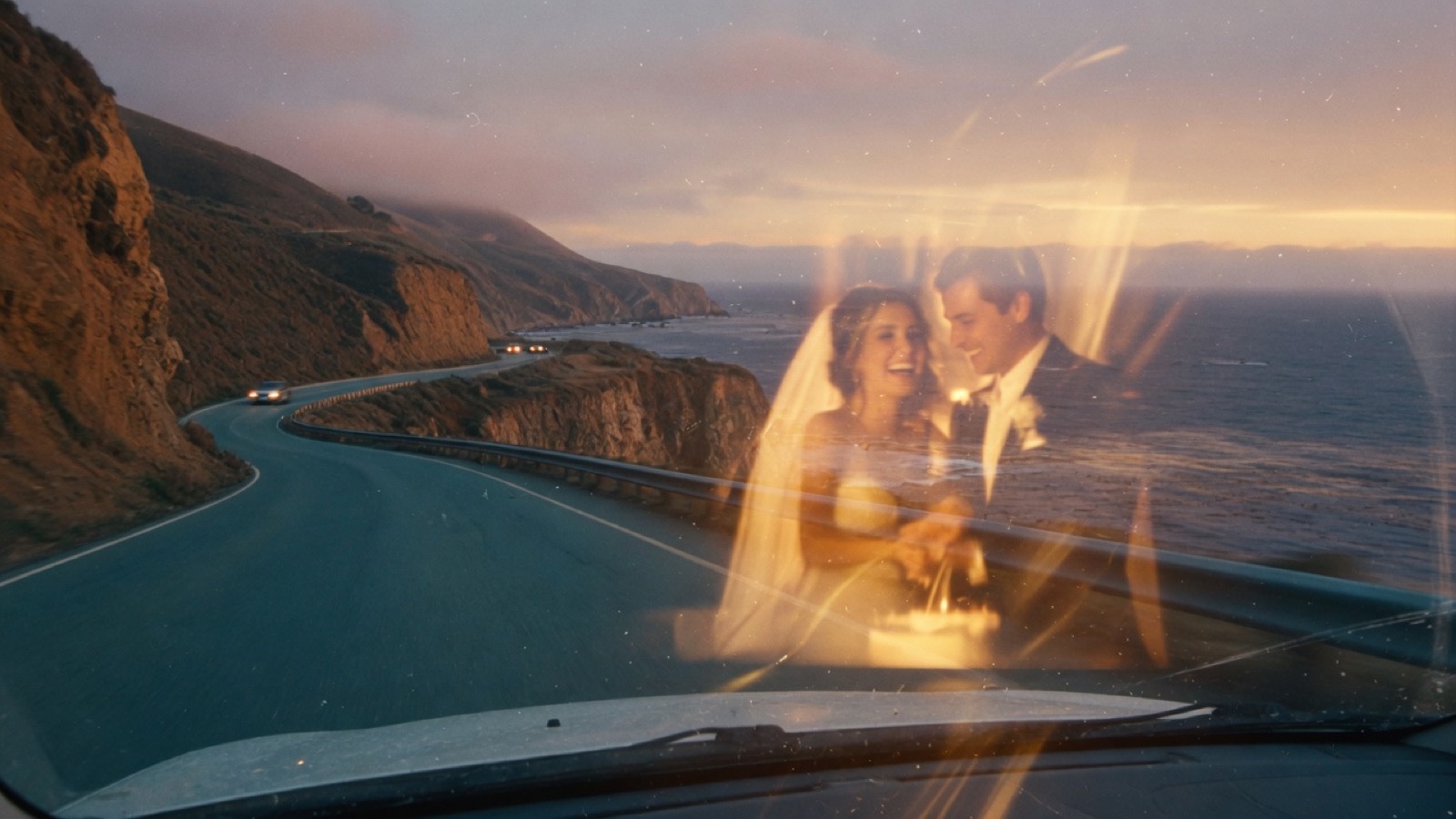 Coast road — wedding memory on the windshield