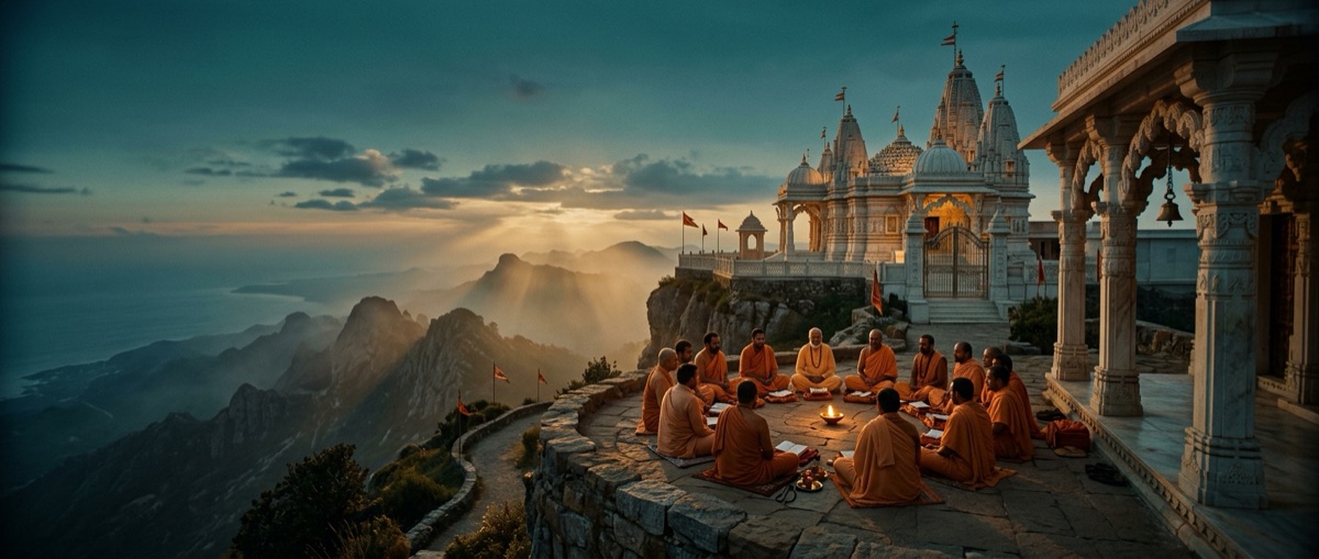 Cliffside temple at golden hour